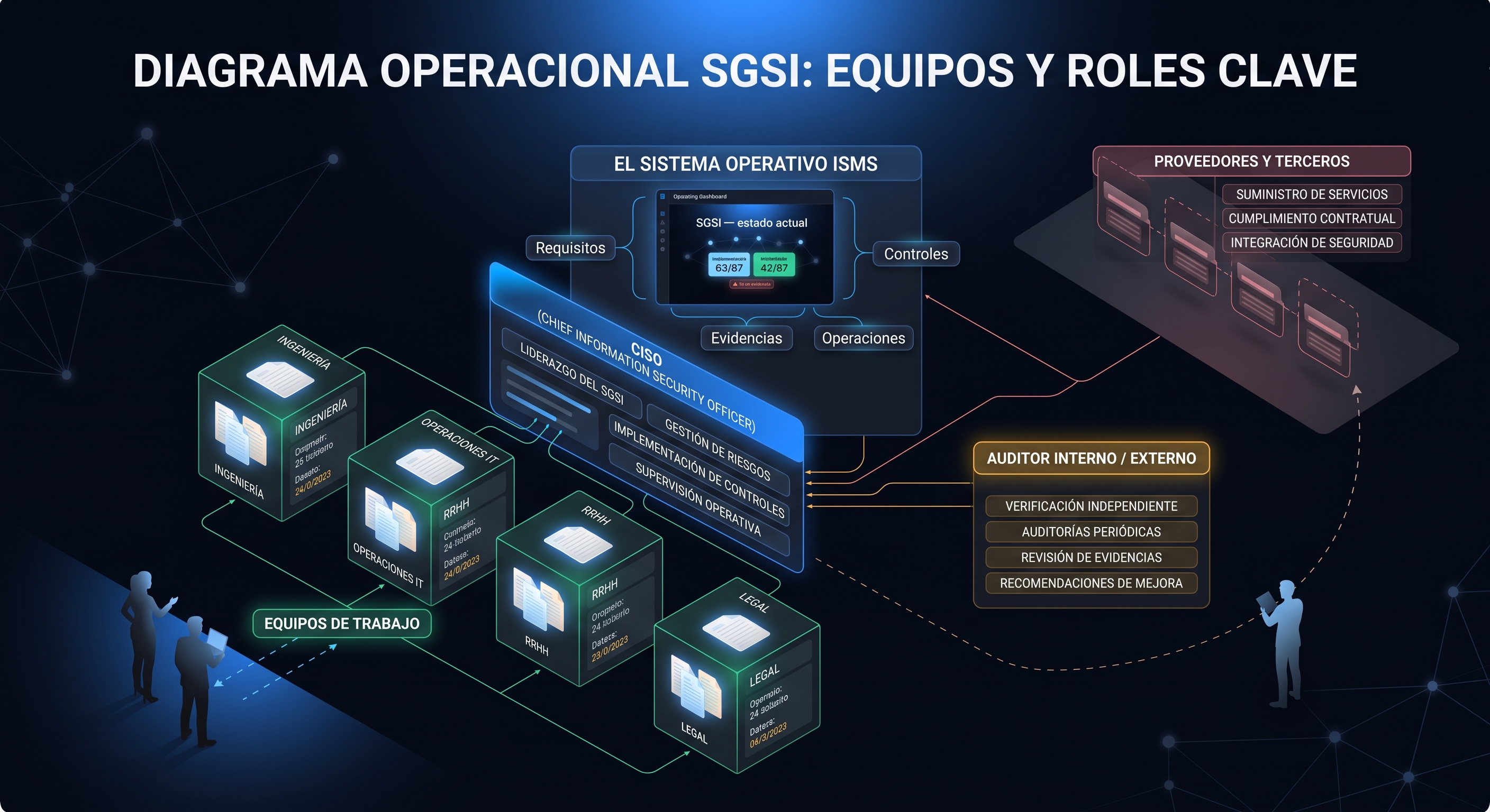 Diagrama operacional del SGSI: equipos de trabajo, CISO, auditoría y terceros